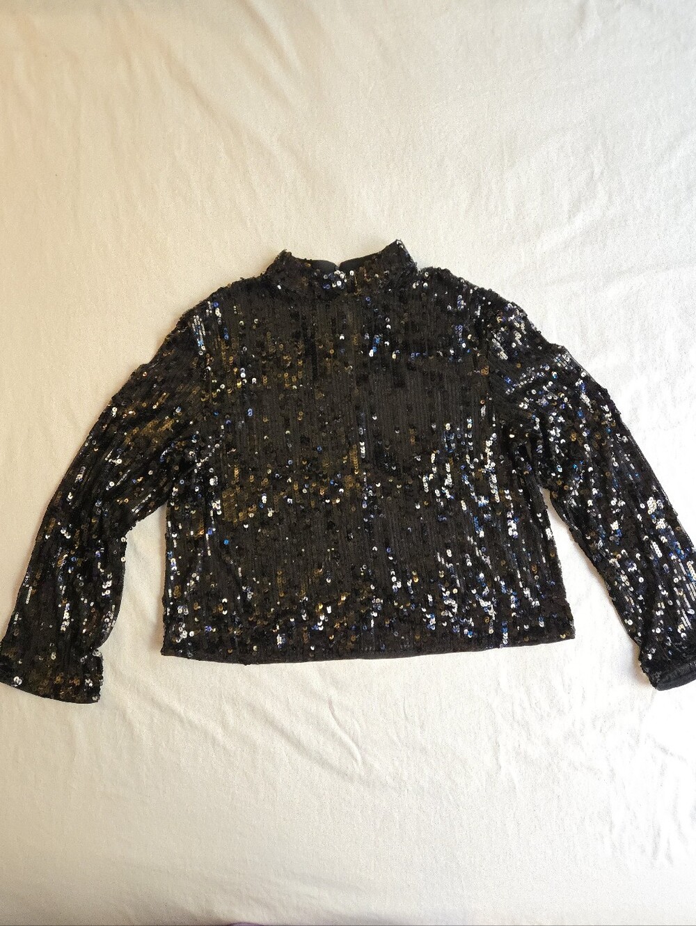 H&M Black Sheer Allover Sequin Long-Sleeve Crop Top Blouse HAL3